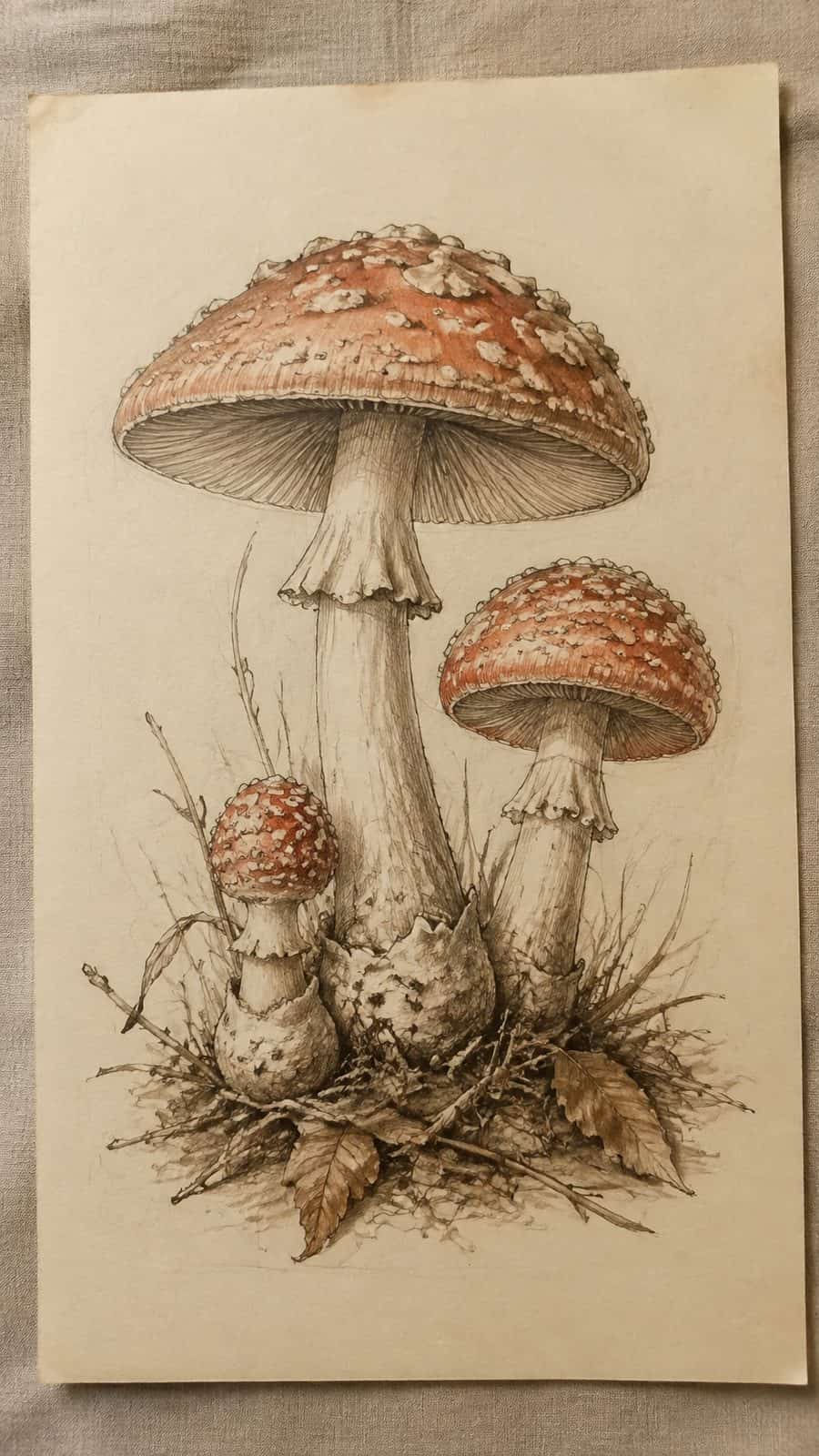 Mushroom Artistry: 17 Unique Drawing Ideas to Spark Your Imagination 26 Hand-drawn vintage mushroom illustrations in sepia ink drawing on textured paper, shown in a slightly off-center overhead composition — study 2