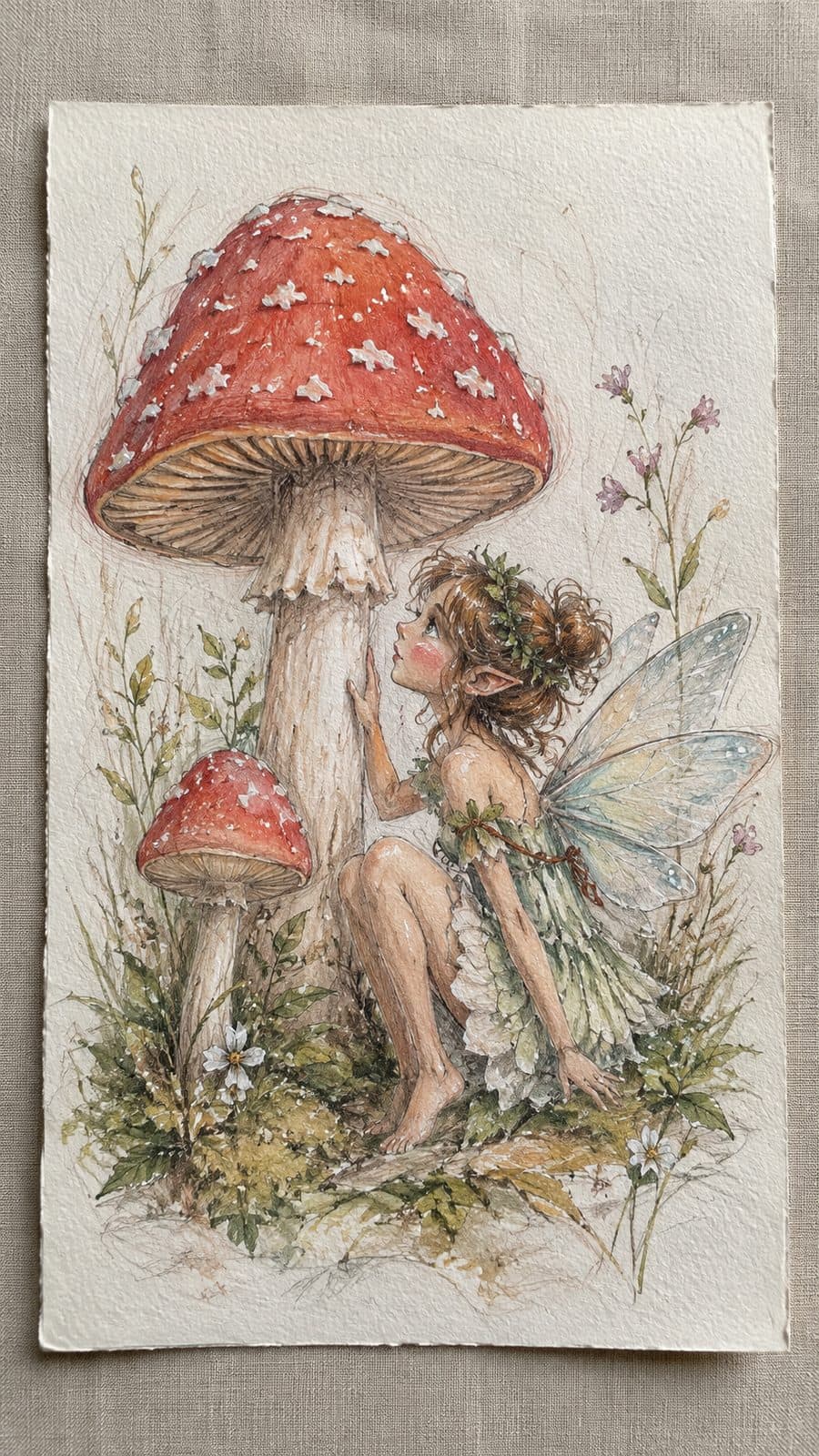 Mushroom Artistry: 17 Unique Drawing Ideas to Spark Your Imagination 27 Hand-drawn mushroom and fairy duo in colored-pencil and gouache drawing on textured paper, shown in a straight overhead view — study 1