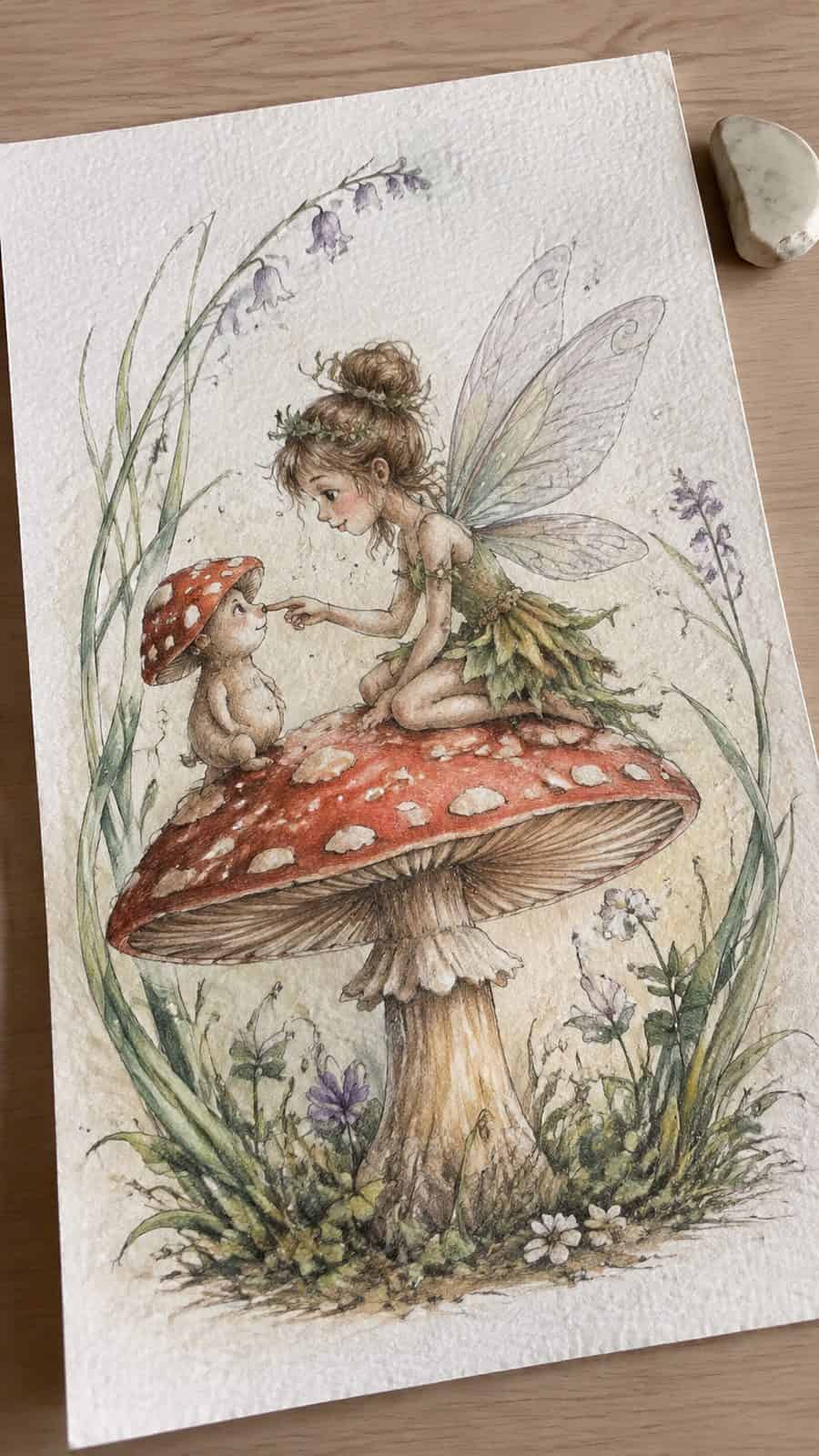 Mushroom Artistry: 17 Unique Drawing Ideas to Spark Your Imagination 28 Hand-drawn mushroom and fairy duo in colored-pencil and gouache drawing on textured paper, shown in a gentle oblique desk view that — study 2