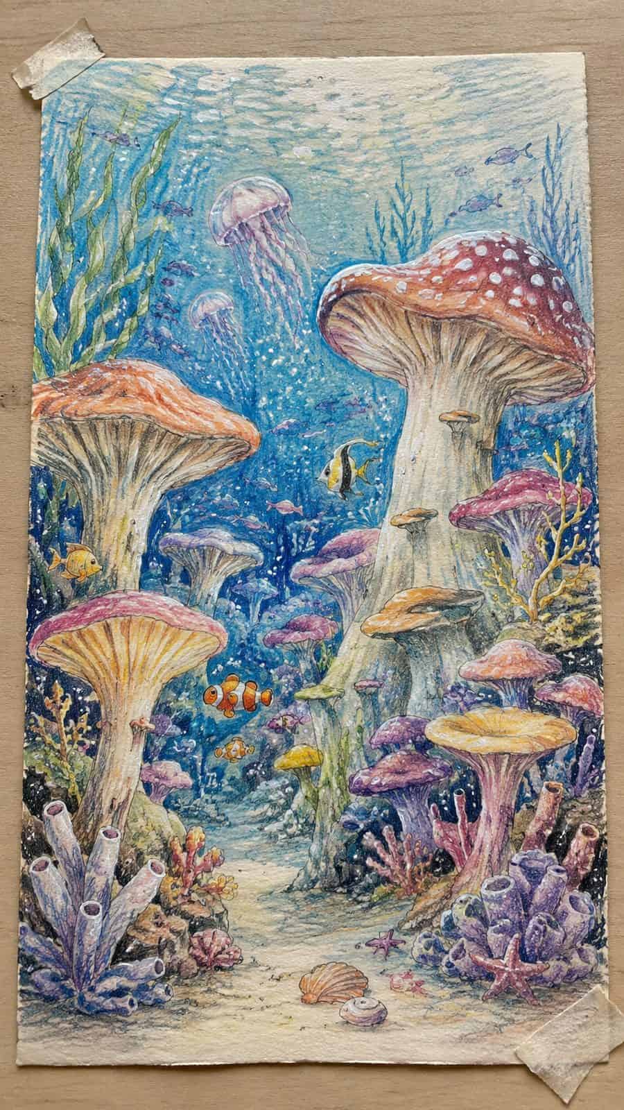 Mushroom Artistry: 17 Unique Drawing Ideas to Spark Your Imagination 30 Hand-drawn underwater mushroom world in colored-pencil and gouache drawing on textured paper, shown in a straight overhead view — study 1