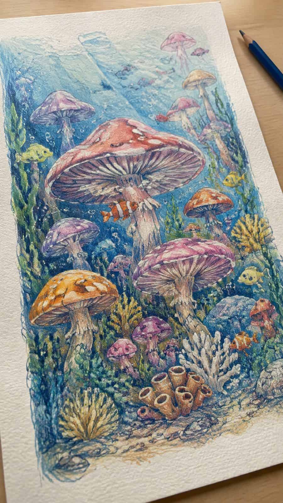 Mushroom Artistry: 17 Unique Drawing Ideas to Spark Your Imagination 31 Hand-drawn underwater mushroom world in colored-pencil and gouache drawing on textured paper, shown in a gentle oblique desk view that — study 2