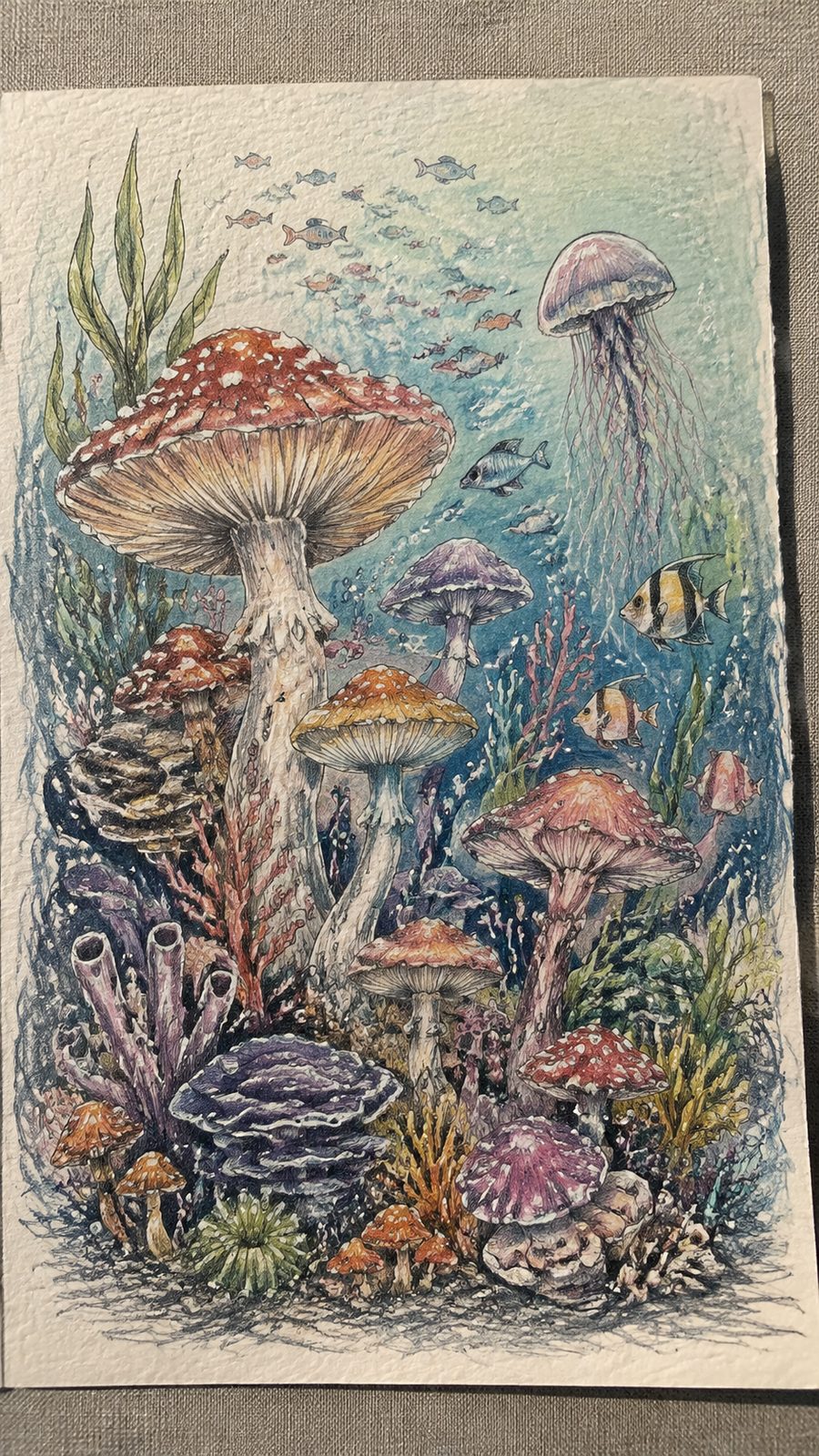 Mushroom Artistry: 17 Unique Drawing Ideas to Spark Your Imagination 32 Hand-drawn underwater mushroom world in colored-pencil and gouache drawing on textured paper, shown in a close overhead crop — study 3