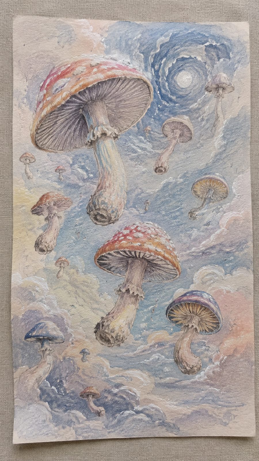 Mushroom Artistry: 17 Unique Drawing Ideas to Spark Your Imagination 33 Hand-drawn surreal floating mushrooms in colored-pencil and gouache drawing on textured paper, shown in a straight overhead view — study 1