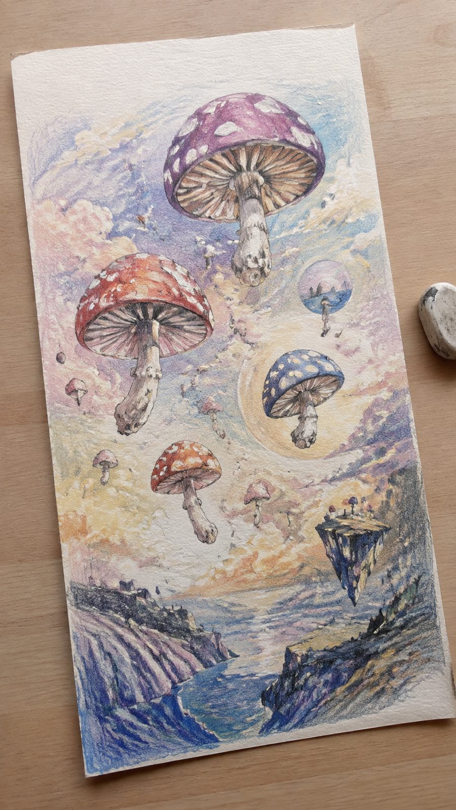 Mushroom Artistry: 17 Unique Drawing Ideas to Spark Your Imagination 34 Hand-drawn surreal floating mushrooms in colored-pencil and gouache drawing on textured paper, shown in a gentle oblique desk view — study 2