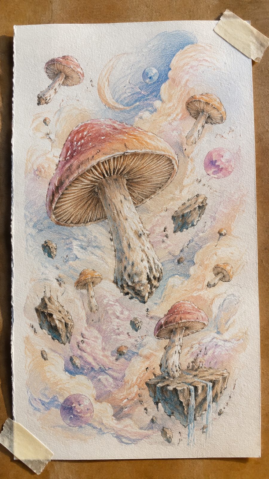 Mushroom Artistry: 17 Unique Drawing Ideas to Spark Your Imagination 35 Hand-drawn surreal floating mushrooms in colored-pencil and gouache drawing on textured paper, shown in a close overhead crop — study 3