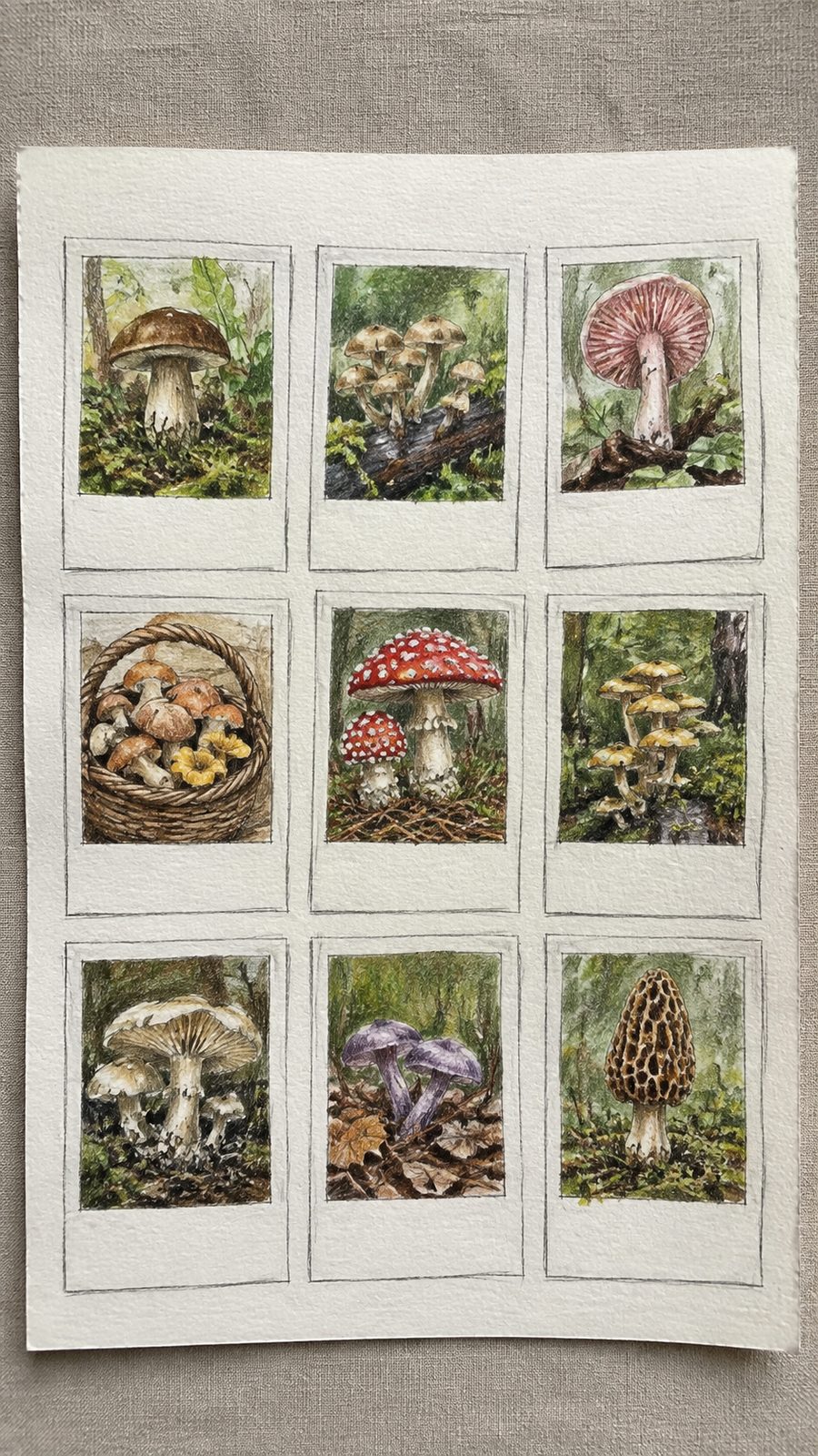 Mushroom Artistry: 17 Unique Drawing Ideas to Spark Your Imagination 36 Hand-drawn polaroid mushroom collection in colored-pencil and gouache drawing on textured paper, shown in a straight overhead view — study 1