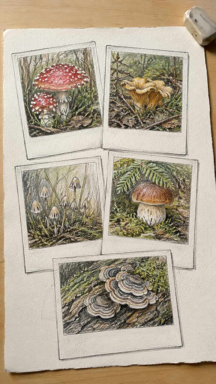 Mushroom Artistry: 17 Unique Drawing Ideas to Spark Your Imagination 37 Hand-drawn polaroid mushroom collection in colored-pencil and gouache drawing on textured paper, shown in a gentle oblique desk view — study 2