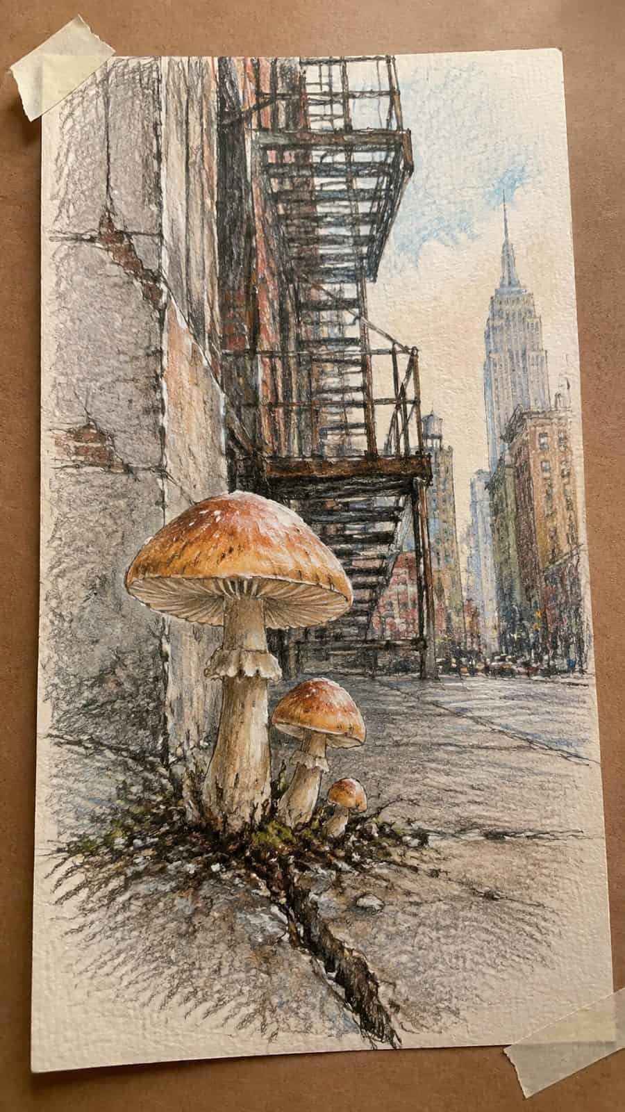 Mushroom Artistry: 17 Unique Drawing Ideas to Spark Your Imagination 39 Hand-drawn urban mushrooms in colored-pencil and gouache drawing on textured paper, shown in a slightly off-center overhead — study 2