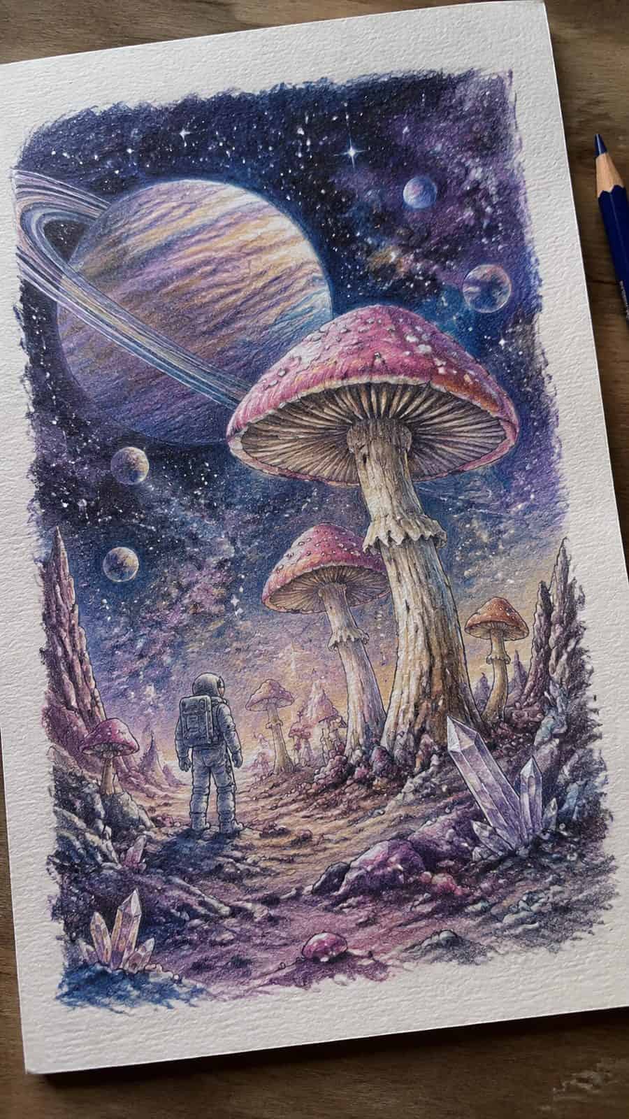 Mushroom Artistry: 17 Unique Drawing Ideas to Spark Your Imagination 40 Hand-drawn cosmic mushroom adventure in colored-pencil and gouache drawing on textured paper, shown in a gentle oblique desk view that — study 1