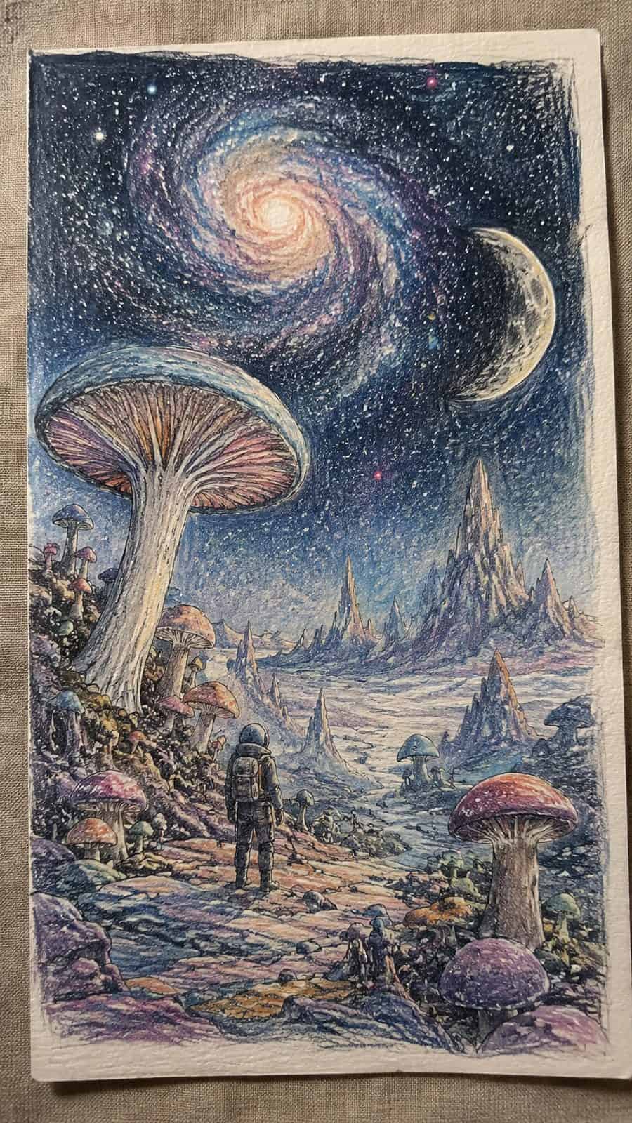 Mushroom Artistry: 17 Unique Drawing Ideas to Spark Your Imagination 41 Hand-drawn cosmic mushroom adventure in colored-pencil and gouache drawing on textured paper, shown in a close overhead crop — study 2