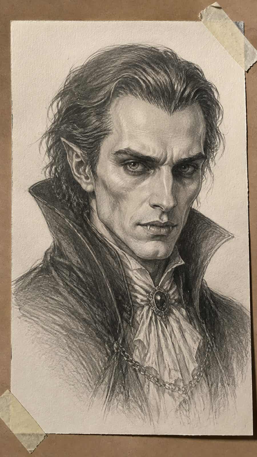 Mystery and Darkness: 17 Vampire Drawing Ideas to Inspire Your Next Masterpiece 2 Hand-drawn classic vampire portrait in graphite drawing on textured paper, shown in a slightly off-center overhead composition, like — study 1