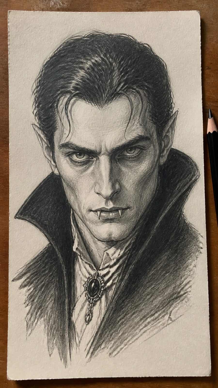 Mystery and Darkness: 17 Vampire Drawing Ideas to Inspire Your Next Masterpiece 3 Hand-drawn classic vampire portrait in graphite drawing on textured paper, shown in a straight overhead view — study 2