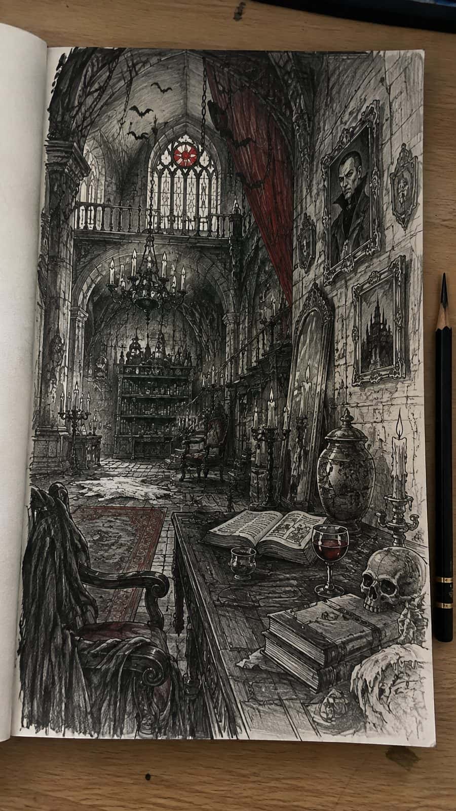 Mystery and Darkness: 17 Vampire Drawing Ideas to Inspire Your Next Masterpiece 4 Hand-drawn the vampire’s lair in mixed-media hand drawing on textured paper, shown in a close overhead crop — study 1