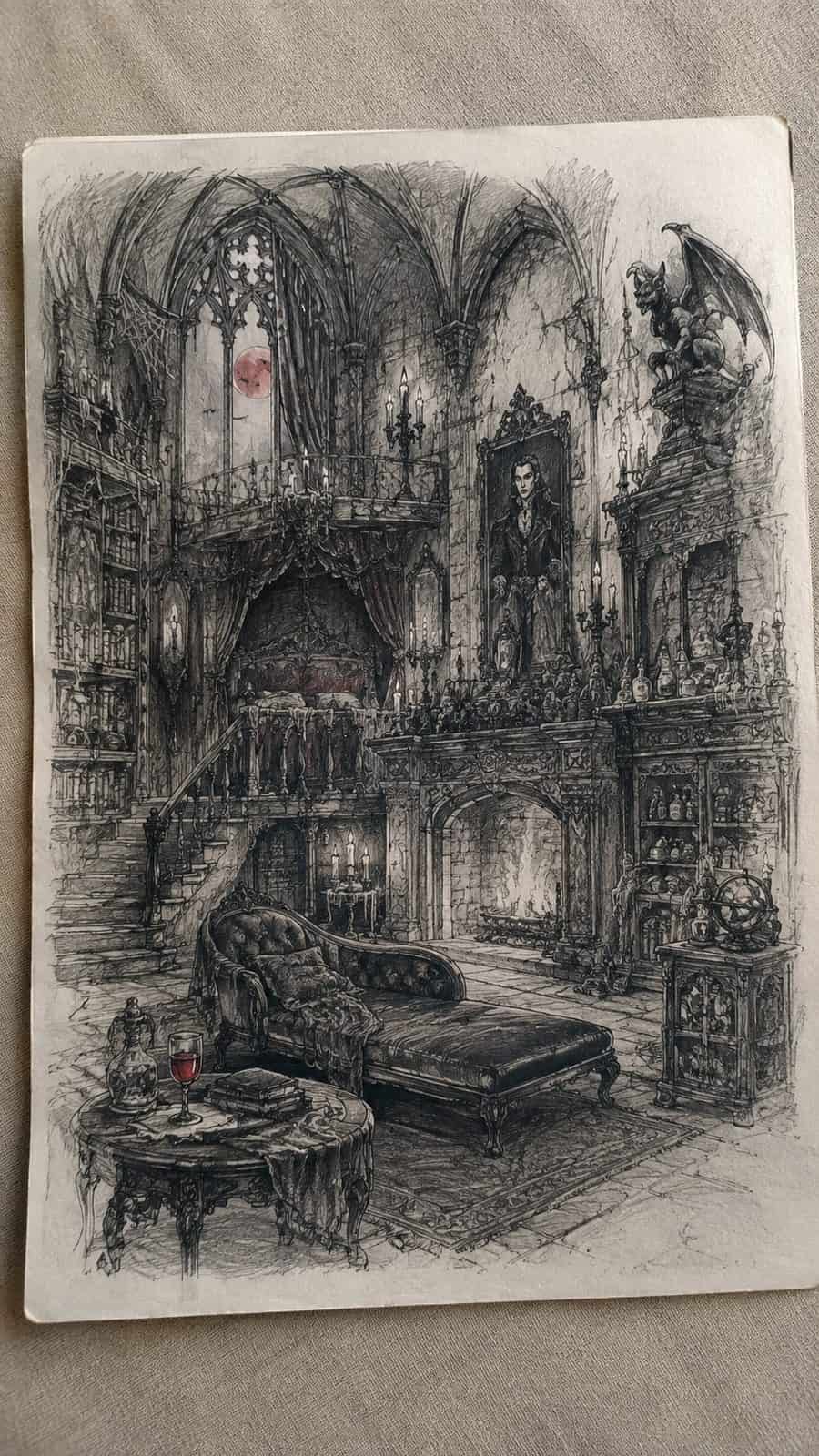 Mystery and Darkness: 17 Vampire Drawing Ideas to Inspire Your Next Masterpiece 5 Hand-drawn the vampire’s lair in mixed-media hand drawing on textured paper, shown in a slightly off-center overhead composition, like — study 2