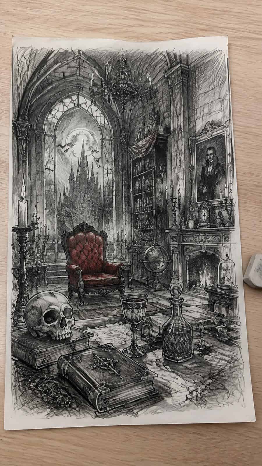 Mystery and Darkness: 17 Vampire Drawing Ideas to Inspire Your Next Masterpiece 6 Hand-drawn the vampire’s lair in mixed-media hand drawing on textured paper, shown in a straight overhead view — study 3