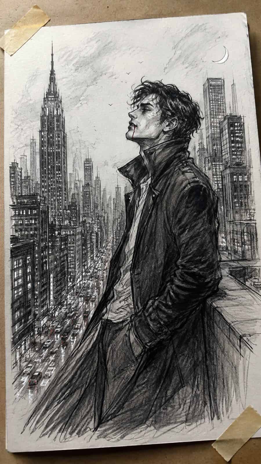 Mystery and Darkness: 17 Vampire Drawing Ideas to Inspire Your Next Masterpiece 7 Hand-drawn modern vampire in urban setting in mixed-media hand drawing on textured paper, shown in a gentle oblique desk view that — study 1