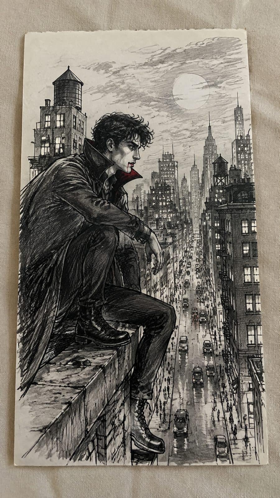 Mystery and Darkness: 17 Vampire Drawing Ideas to Inspire Your Next Masterpiece 9 Hand-drawn modern vampire in urban setting in mixed-media hand drawing on textured paper, shown in a slightly off-center overhead — study 3