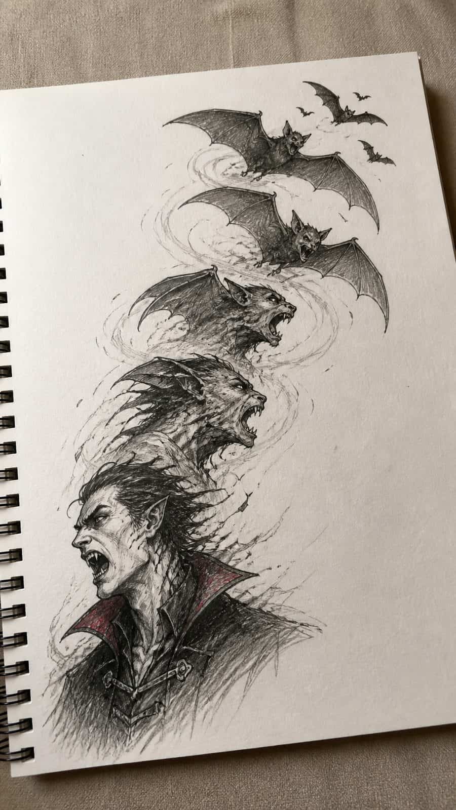 Mystery and Darkness: 17 Vampire Drawing Ideas to Inspire Your Next Masterpiece 10 Hand-drawn vampire bat transformation in mixed-media hand drawing on textured paper, shown in a gentle oblique desk view that shows — study 1