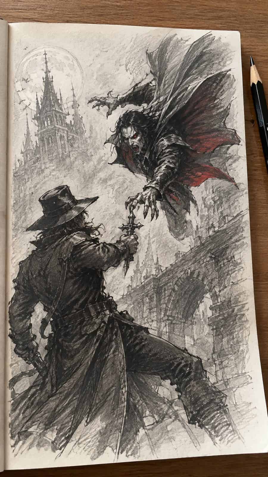 Mystery and Darkness: 17 Vampire Drawing Ideas to Inspire Your Next Masterpiece 13 Hand-drawn vampire hunter's confrontation in mixed-media hand drawing on textured paper, shown in a slightly off-center overhead — study 2