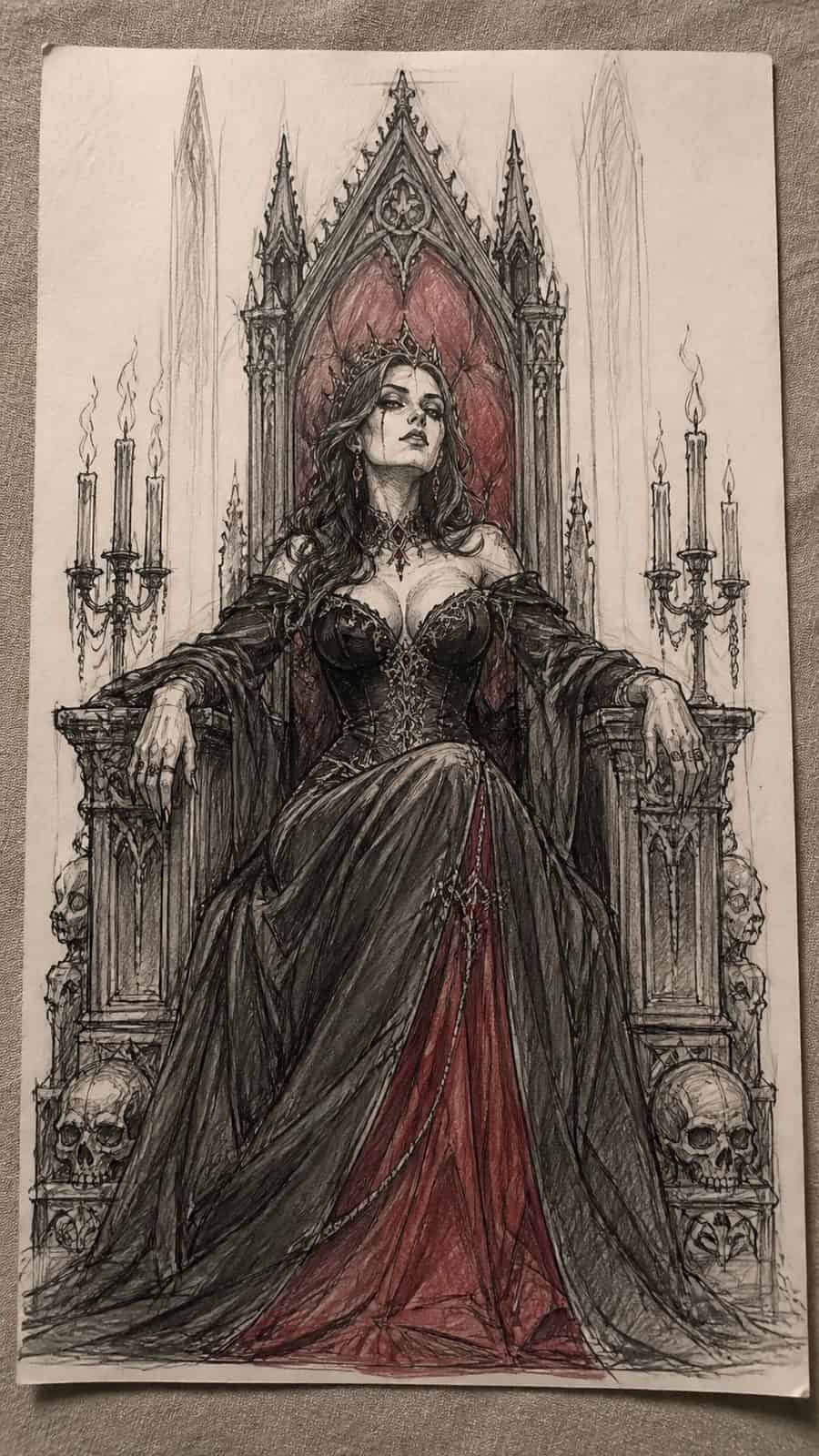 Mystery and Darkness: 17 Vampire Drawing Ideas to Inspire Your Next Masterpiece 14 Hand-drawn vampire queen’s throne in mixed-media hand drawing on textured paper, shown in a straight overhead view — study 1