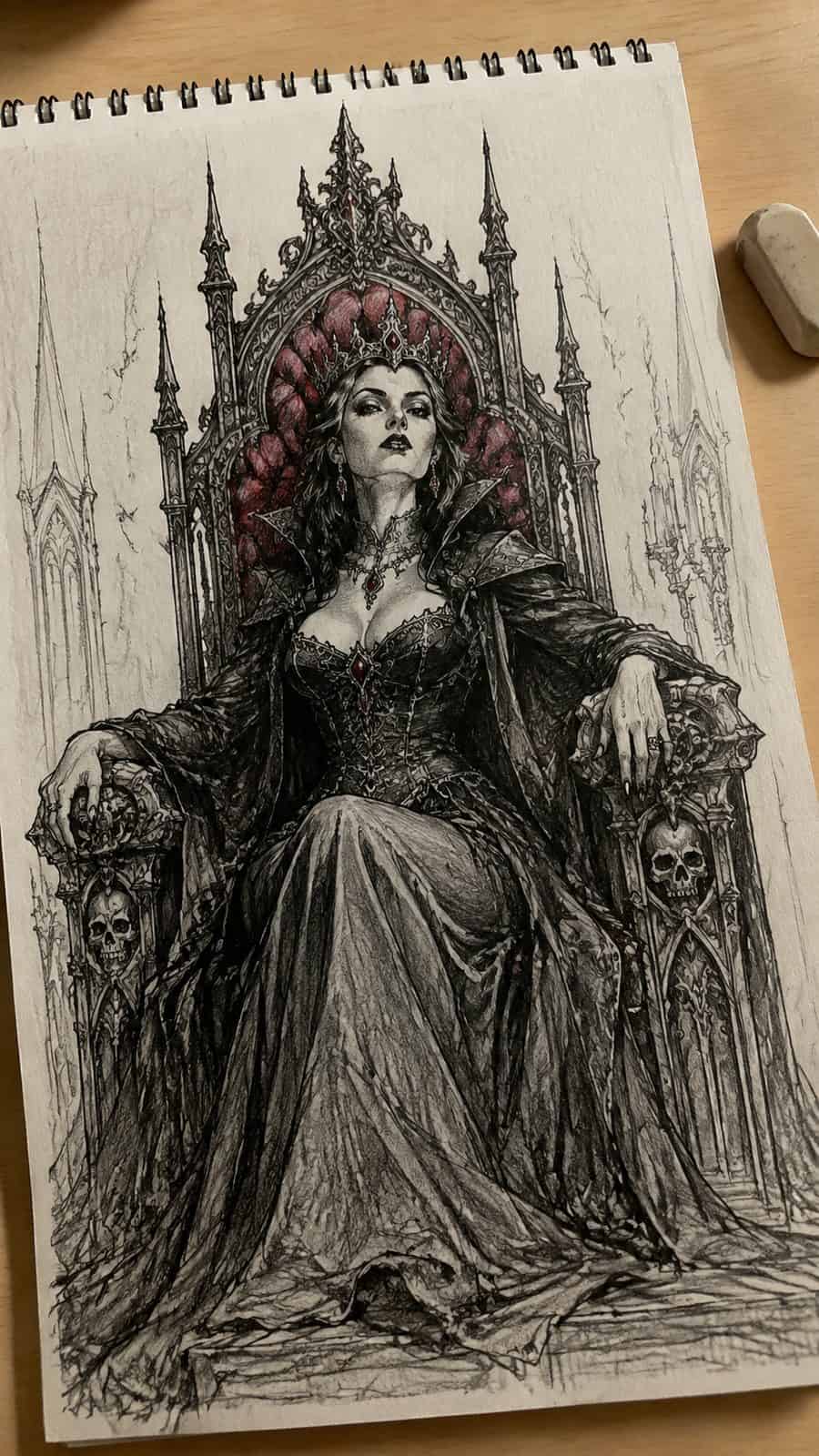 Mystery and Darkness: 17 Vampire Drawing Ideas to Inspire Your Next Masterpiece 15 Hand-drawn vampire queen’s throne in mixed-media hand drawing on textured paper, shown in a gentle oblique desk view that shows paper — study 2