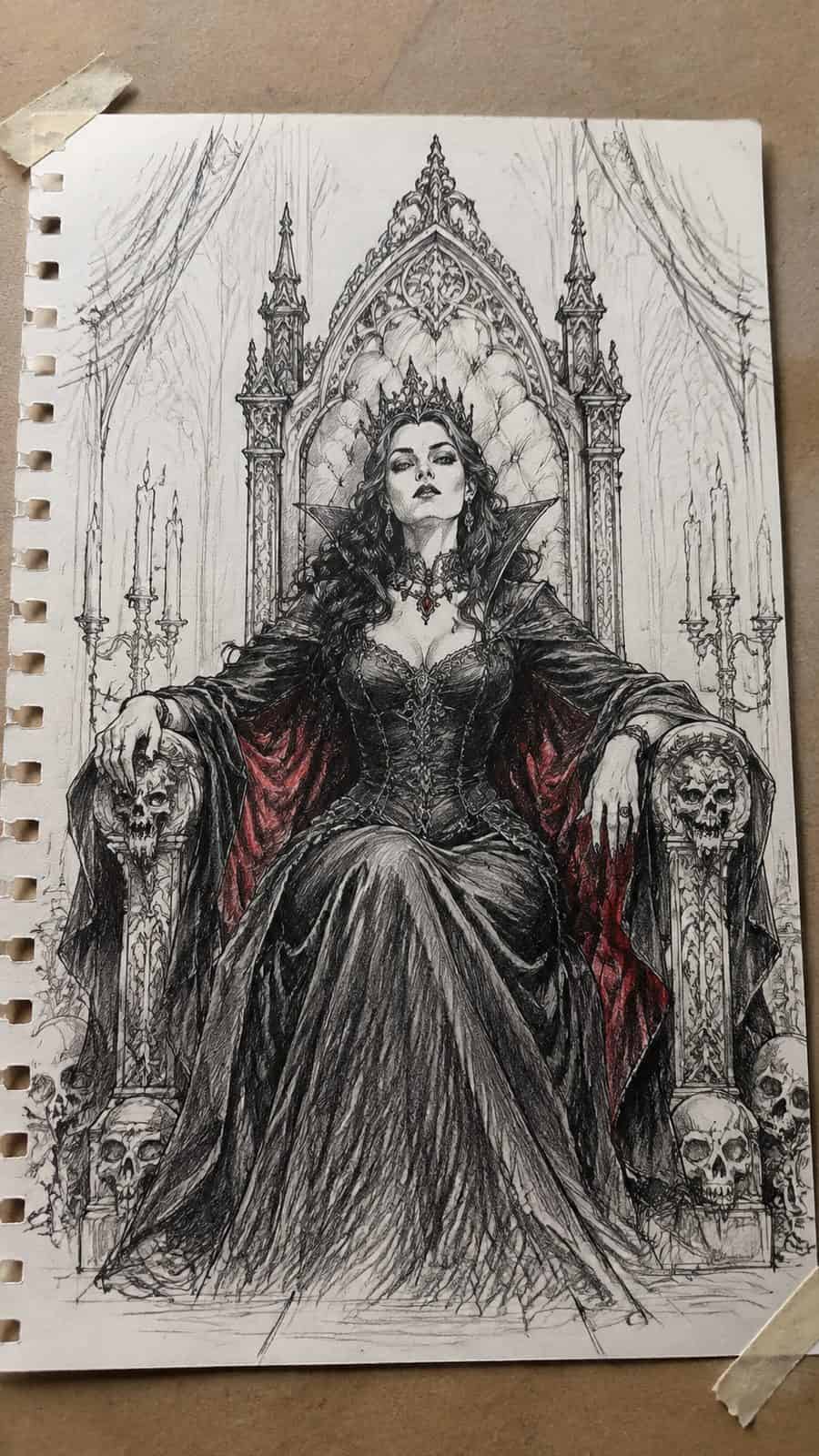 Mystery and Darkness: 17 Vampire Drawing Ideas to Inspire Your Next Masterpiece 16 Hand-drawn vampire queen’s throne in mixed-media hand drawing on textured paper, shown in a close overhead crop — study 3