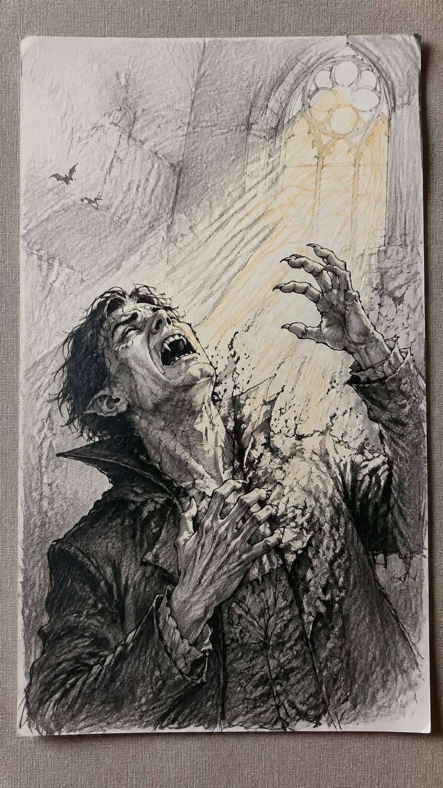 Mystery and Darkness: 17 Vampire Drawing Ideas to Inspire Your Next Masterpiece 17 Hand-drawn sunlight’s curse in mixed-media hand drawing on textured paper, shown in a straight overhead view — study 1