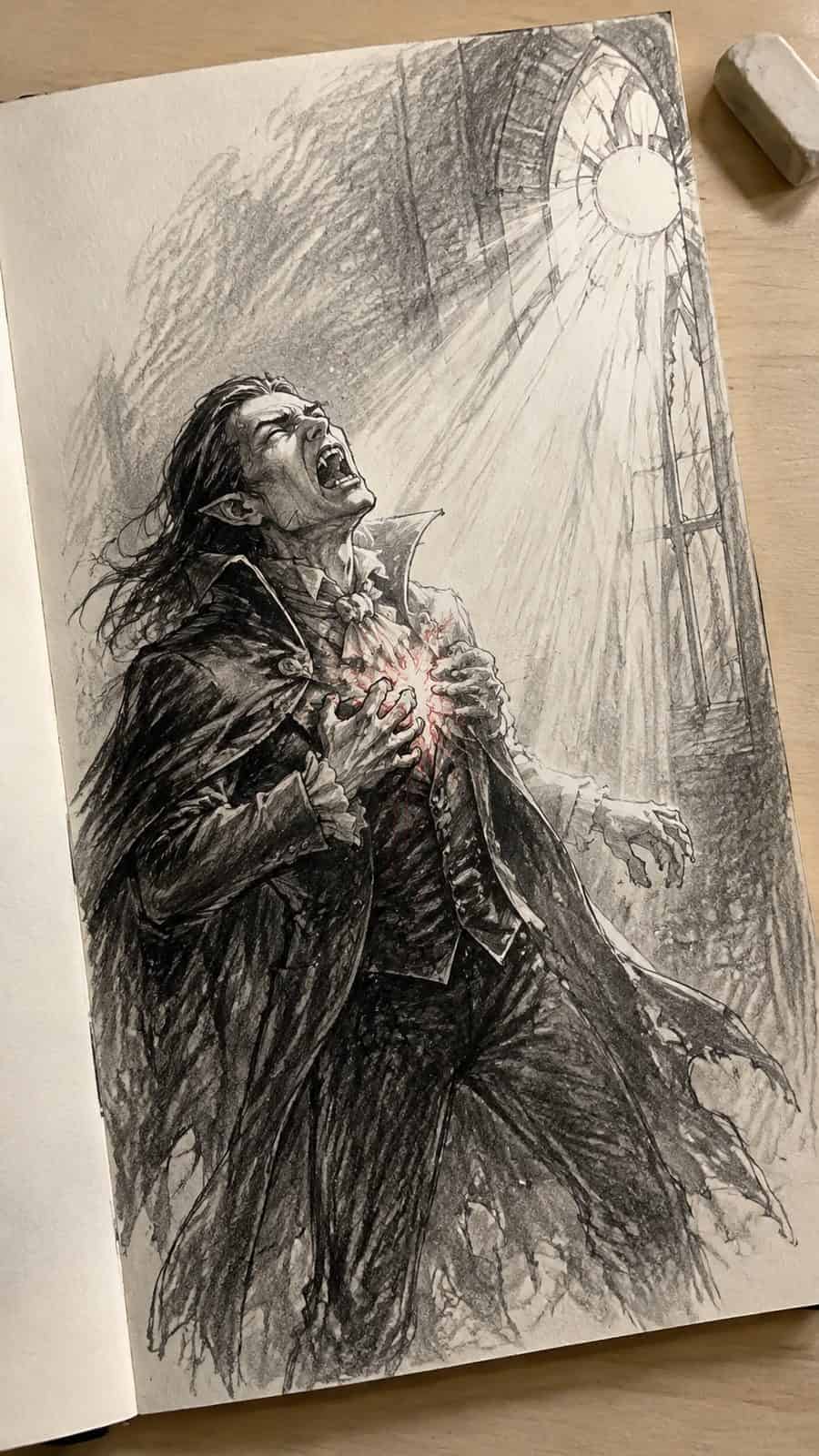 Mystery and Darkness: 17 Vampire Drawing Ideas to Inspire Your Next Masterpiece 18 Hand-drawn sunlight’s curse in mixed-media hand drawing on textured paper, shown in a gentle oblique desk view that shows paper tooth — study 2