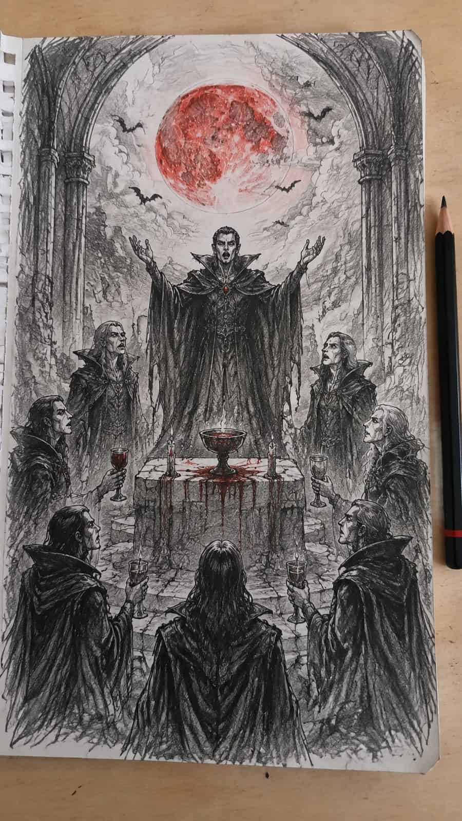 Mystery and Darkness: 17 Vampire Drawing Ideas to Inspire Your Next Masterpiece 20 Hand-drawn blood moon ritual in mixed-media hand drawing on textured paper, shown in a straight overhead view — study 2