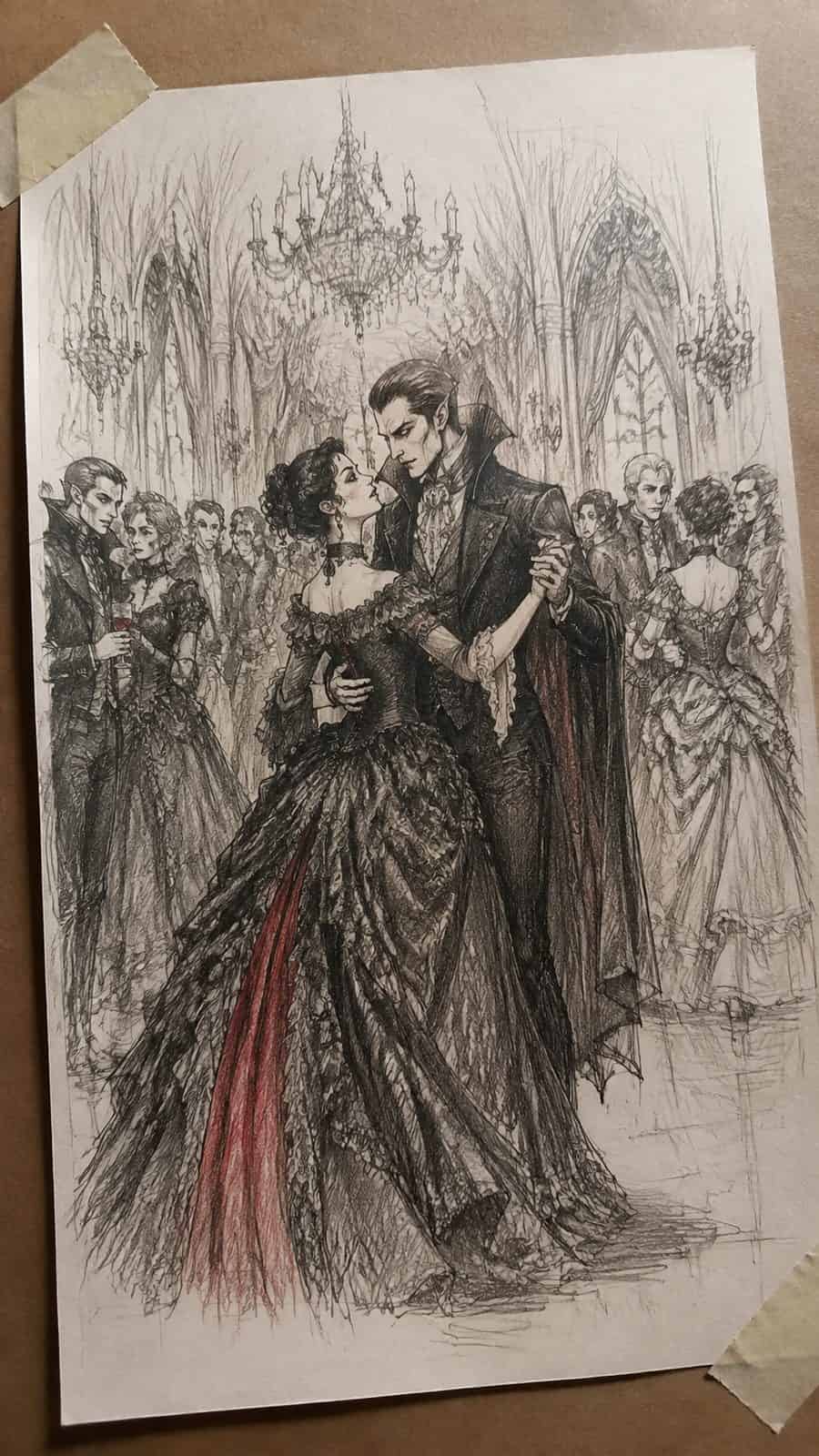 Mystery and Darkness: 17 Vampire Drawing Ideas to Inspire Your Next Masterpiece 22 Hand-drawn victorian vampire ball in mixed-media hand drawing on textured paper, shown in a gentle oblique desk view that shows paper — study 1