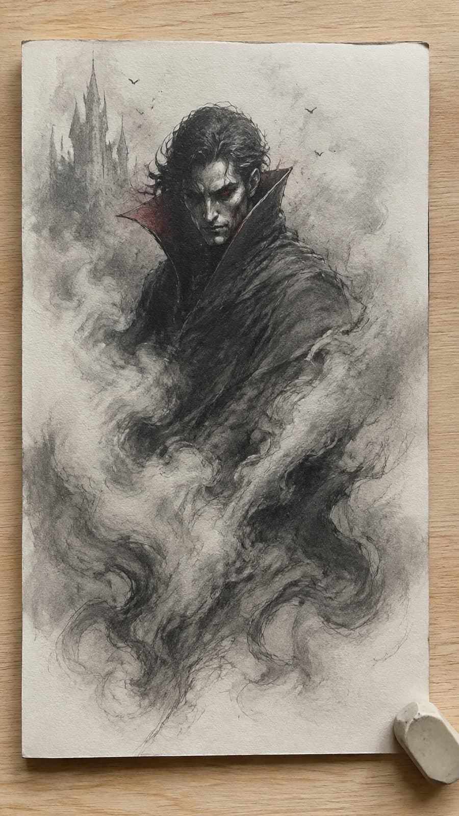 Mystery and Darkness: 17 Vampire Drawing Ideas to Inspire Your Next Masterpiece 27 Hand-drawn vampire in the mist in mixed-media hand drawing on textured paper, shown in a straight overhead view — study 1