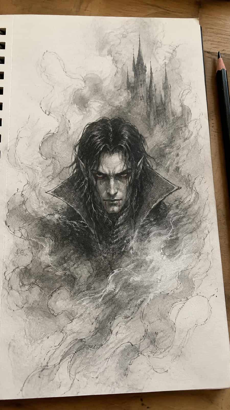 Mystery and Darkness: 17 Vampire Drawing Ideas to Inspire Your Next Masterpiece 29 Hand-drawn vampire in the mist in mixed-media hand drawing on textured paper, shown in a close overhead crop — study 3