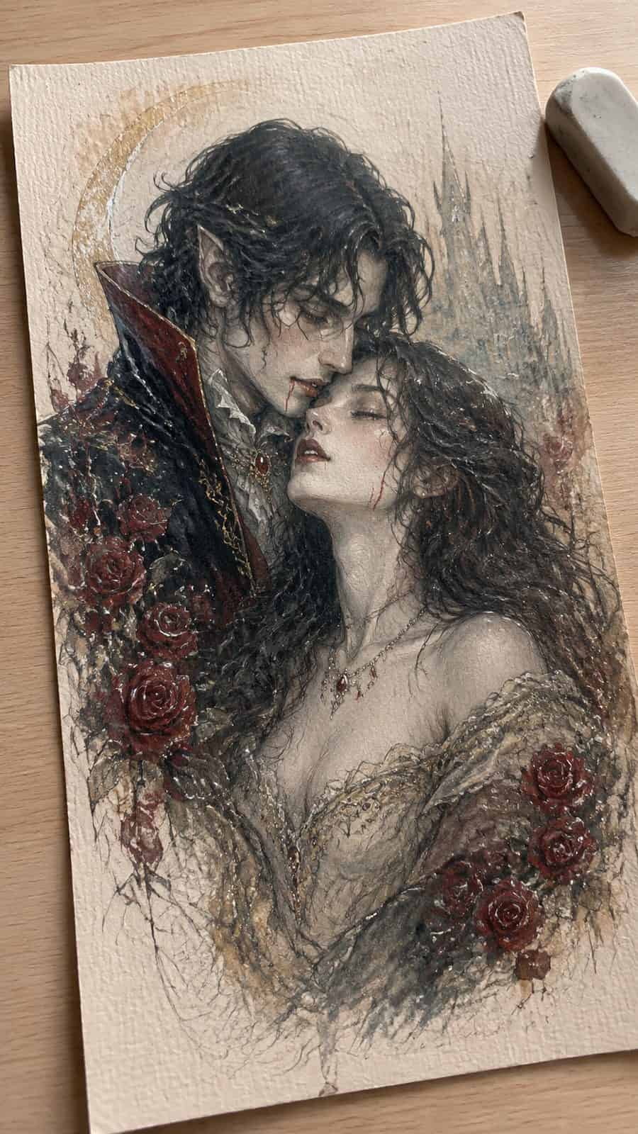 Mystery and Darkness: 17 Vampire Drawing Ideas to Inspire Your Next Masterpiece 31 Hand-drawn eternal lovers in colored-pencil and gouache drawing on textured paper, shown in a slightly off-center overhead — study 2