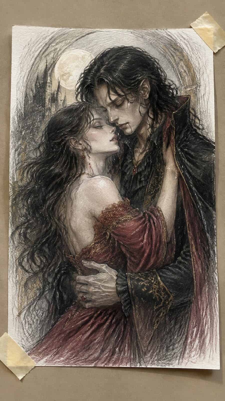 Mystery and Darkness: 17 Vampire Drawing Ideas to Inspire Your Next Masterpiece 32 Hand-drawn eternal lovers in colored-pencil and gouache drawing on textured paper, shown in a straight overhead view — study 3