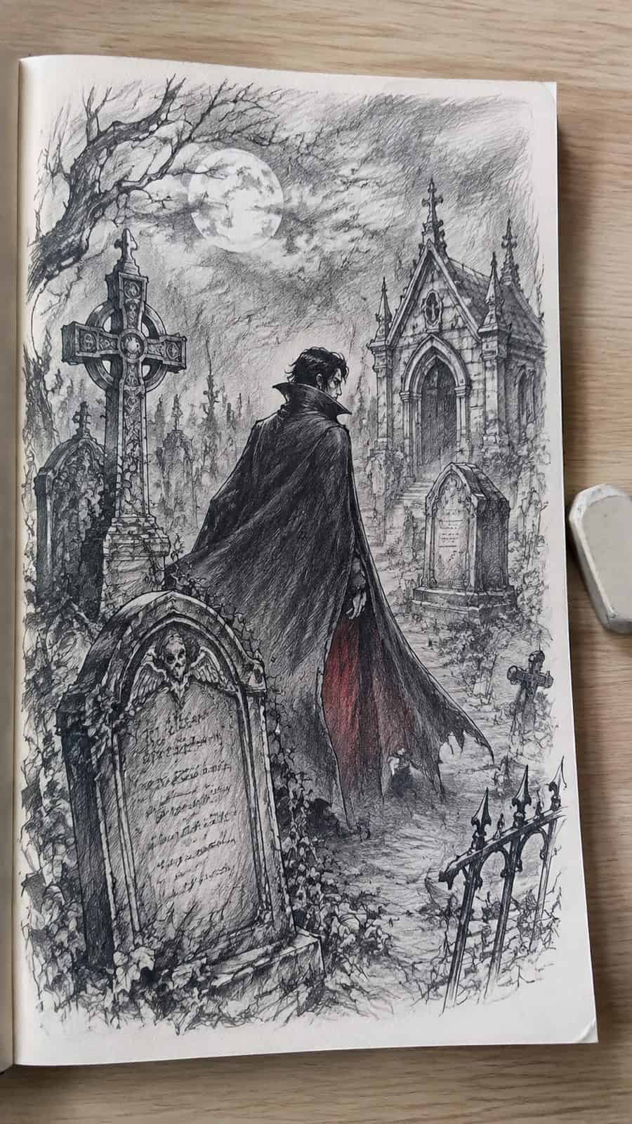 Mystery and Darkness: 17 Vampire Drawing Ideas to Inspire Your Next Masterpiece 33 Hand-drawn gothic graveyard encounter in mixed-media hand drawing on textured paper, shown in a slightly off-center overhead — study 1