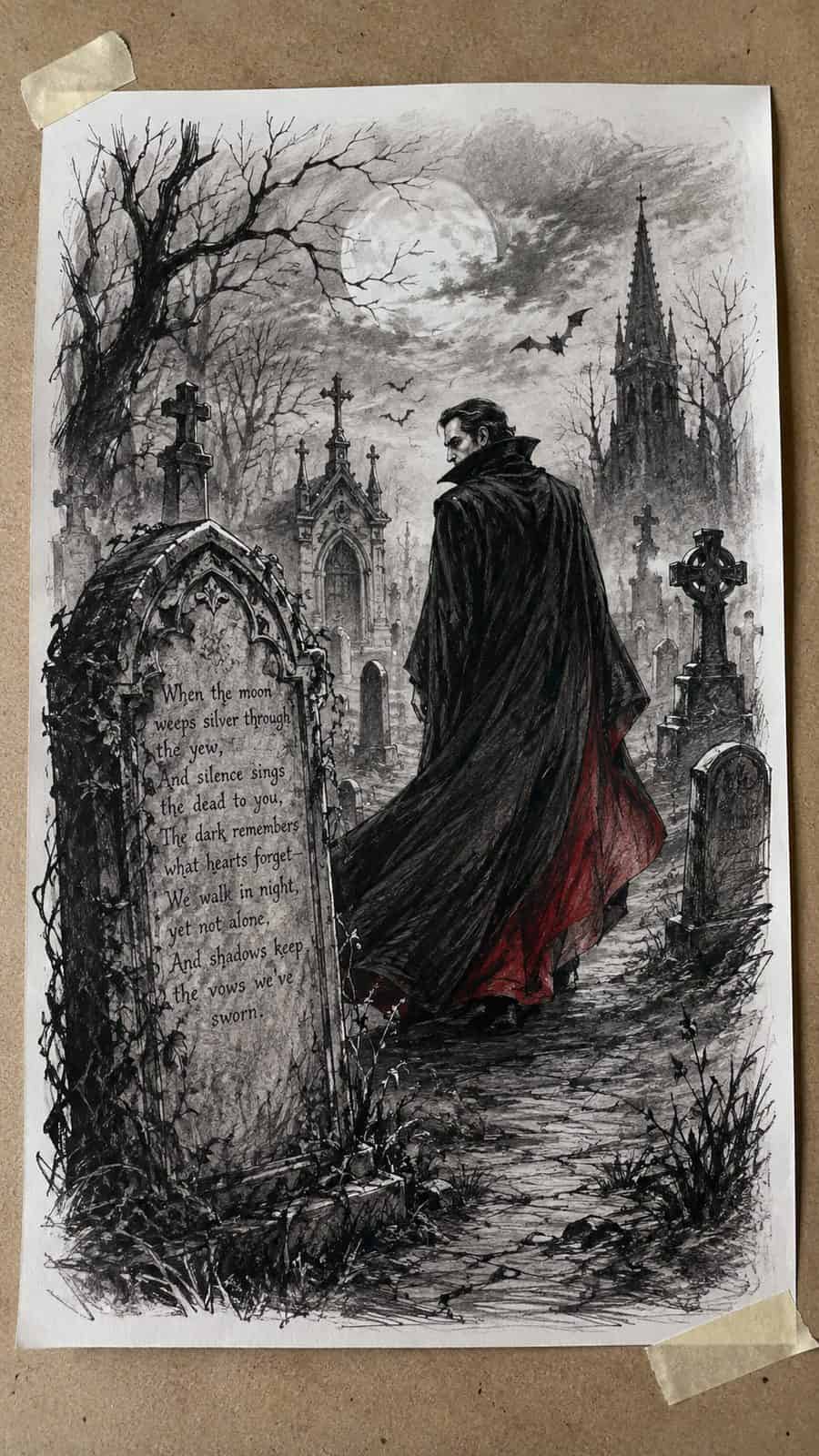 Mystery and Darkness: 17 Vampire Drawing Ideas to Inspire Your Next Masterpiece 34 Hand-drawn gothic graveyard encounter in mixed-media hand drawing on textured paper, shown in a straight overhead view — study 2