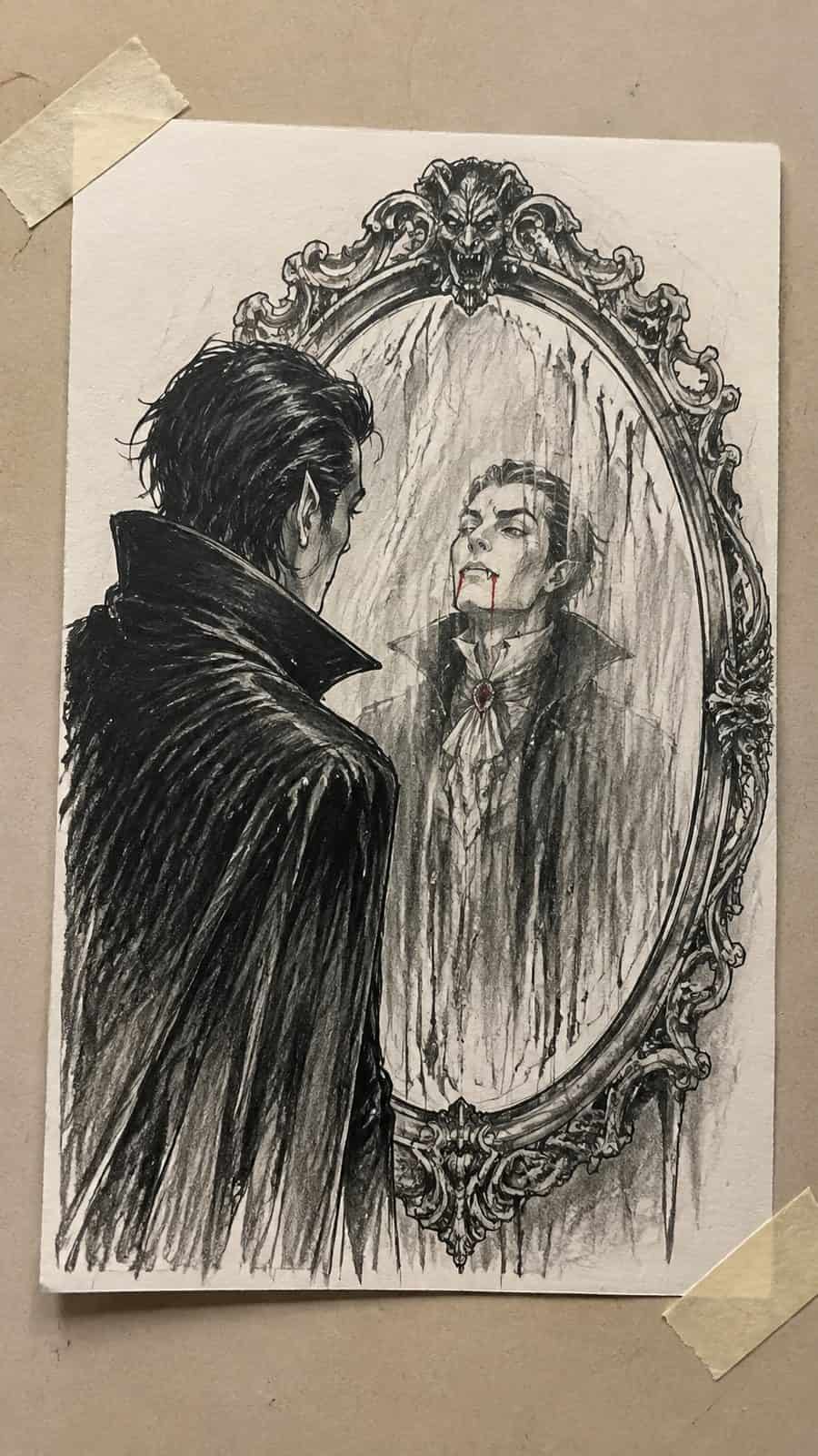 Mystery and Darkness: 17 Vampire Drawing Ideas to Inspire Your Next Masterpiece 36 Hand-drawn the vampire’s reflection paradox in mixed-media hand drawing on textured paper, shown in a slightly off-center overhead — study 1
