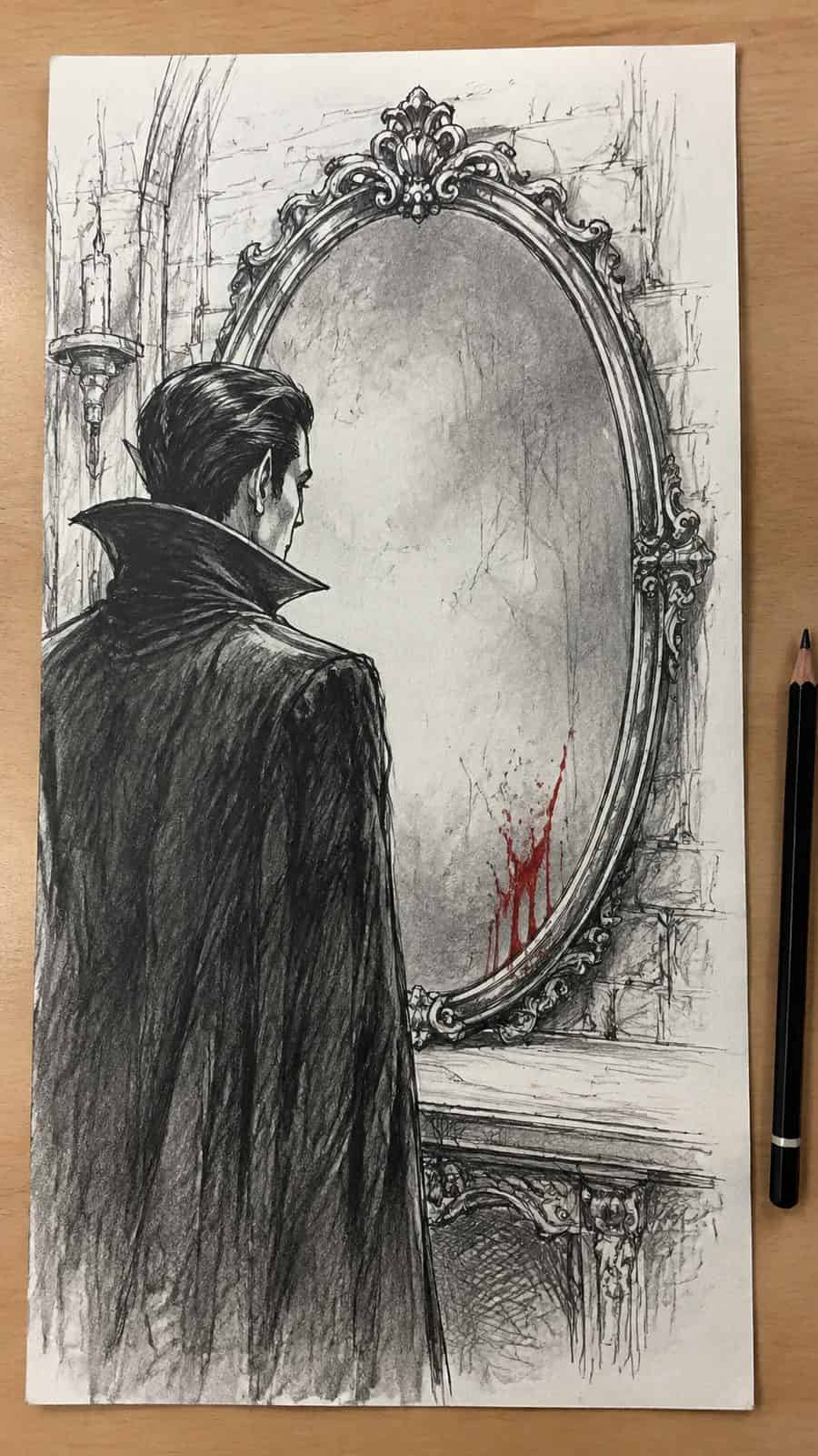 Mystery and Darkness: 17 Vampire Drawing Ideas to Inspire Your Next Masterpiece 37 Hand-drawn the vampire’s reflection paradox in mixed-media hand drawing on textured paper, shown in a straight overhead view — study 2