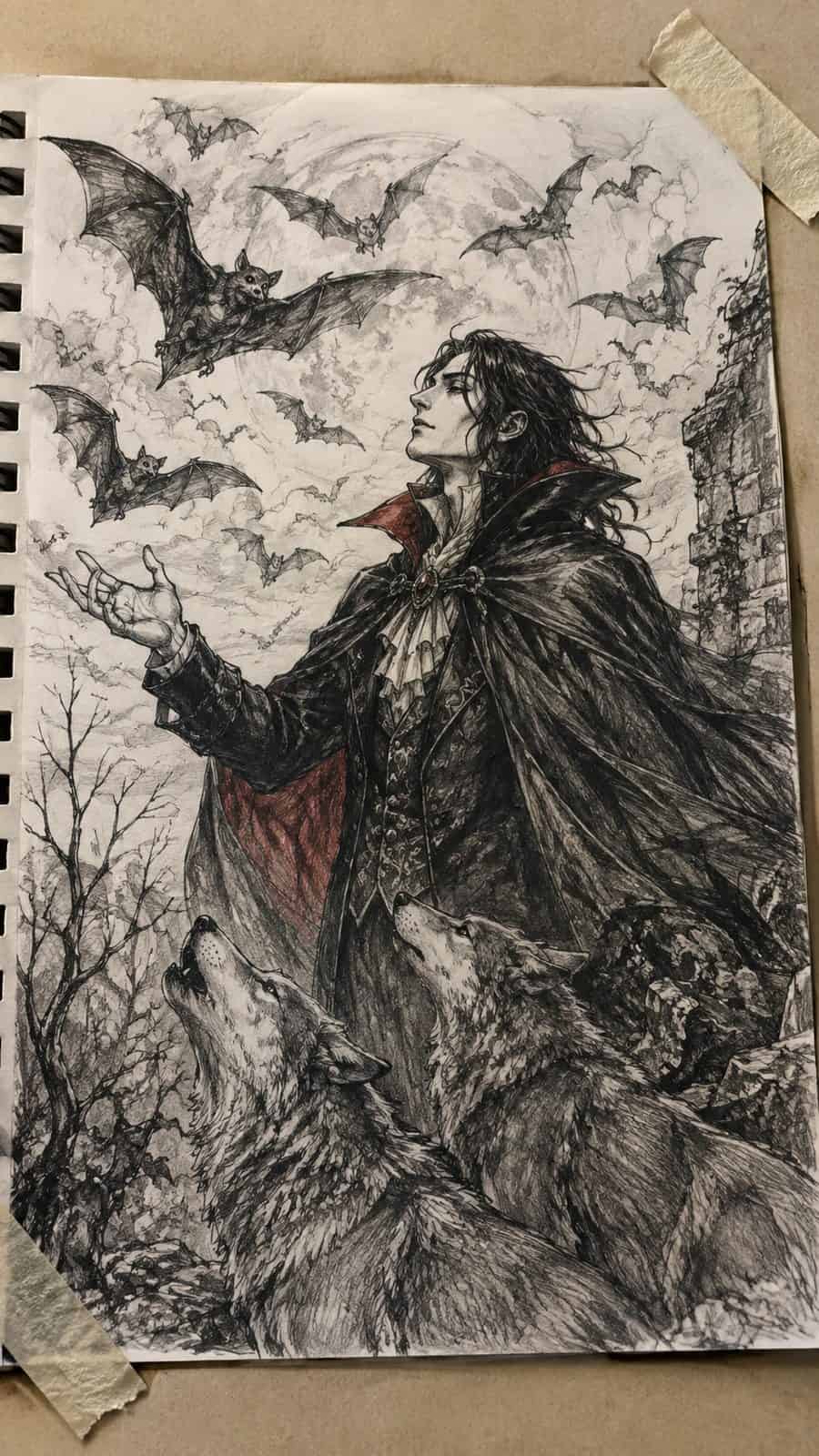 Mystery and Darkness: 17 Vampire Drawing Ideas to Inspire Your Next Masterpiece 38 Hand-drawn vampire and the night creatures in mixed-media hand drawing on textured paper, shown in a close overhead crop — study 1