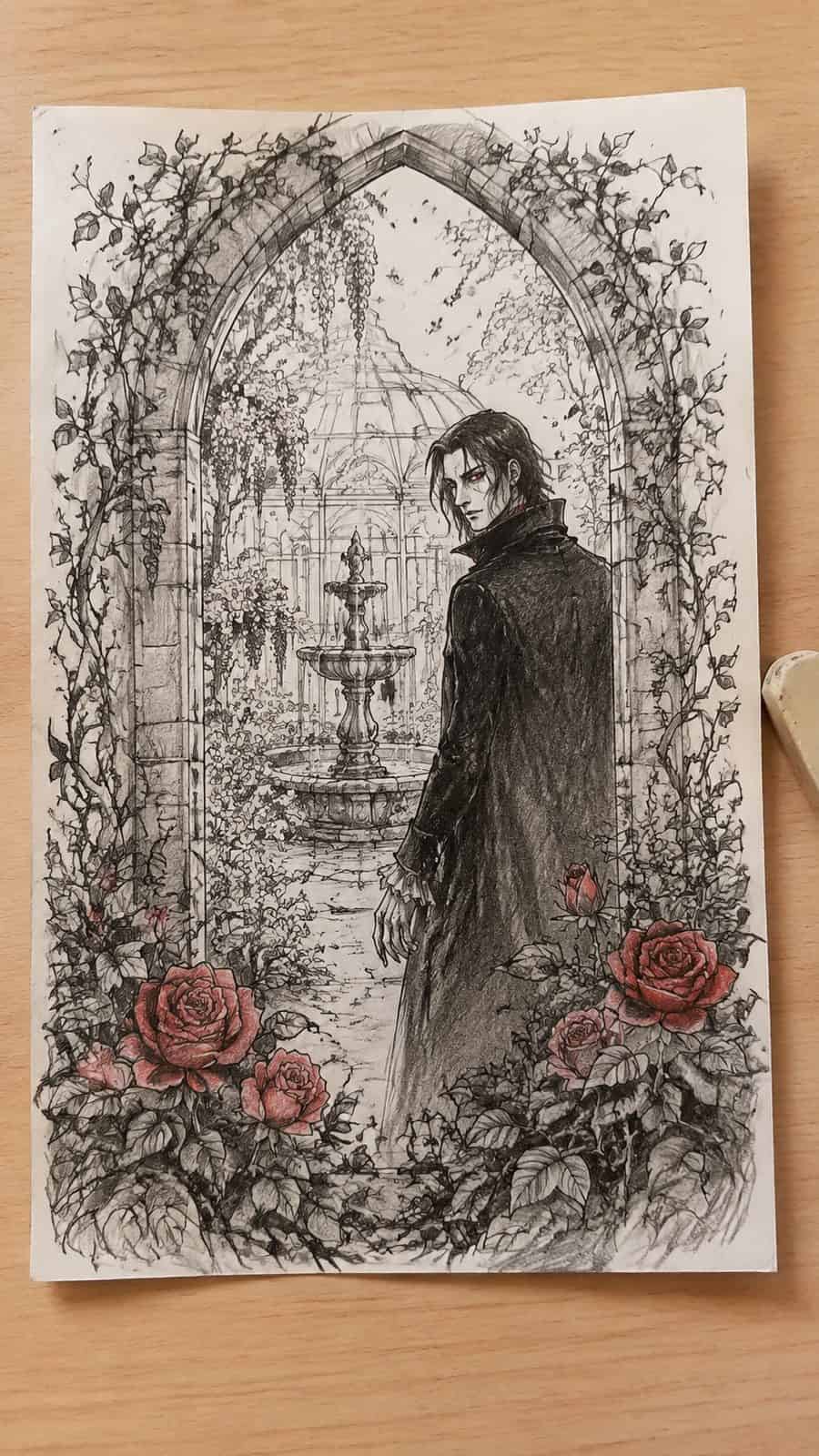 Mystery and Darkness: 17 Vampire Drawing Ideas to Inspire Your Next Masterpiece 40 Hand-drawn vampire’s secret garden in mixed-media hand drawing on textured paper, shown in a straight overhead view — study 1
