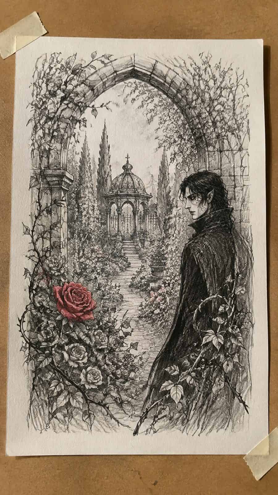 Mystery and Darkness: 17 Vampire Drawing Ideas to Inspire Your Next Masterpiece 41 Hand-drawn vampire’s secret garden in mixed-media hand drawing on textured paper, shown in a gentle oblique desk view that shows paper — study 2