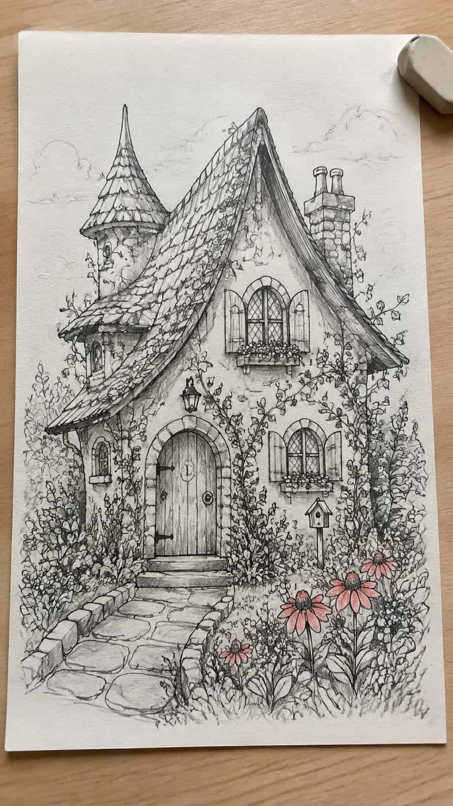 Explore 19 House Drawing Ideas That Blend Imagination with Reality 2 Hand-drawn the dream cottage in mixed-media hand drawing on textured paper, shown in a straight overhead view — study 1