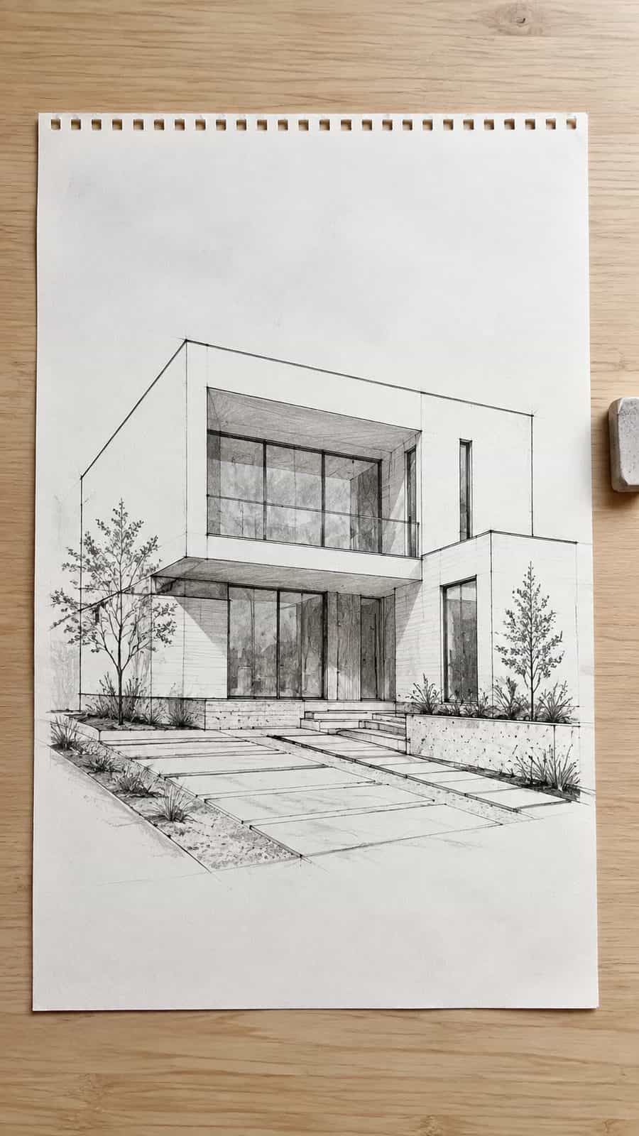 Explore 19 House Drawing Ideas That Blend Imagination with Reality 4 Hand-drawn modern minimalist marvel in mixed-media hand drawing on textured paper, shown in a straight overhead view — study 1