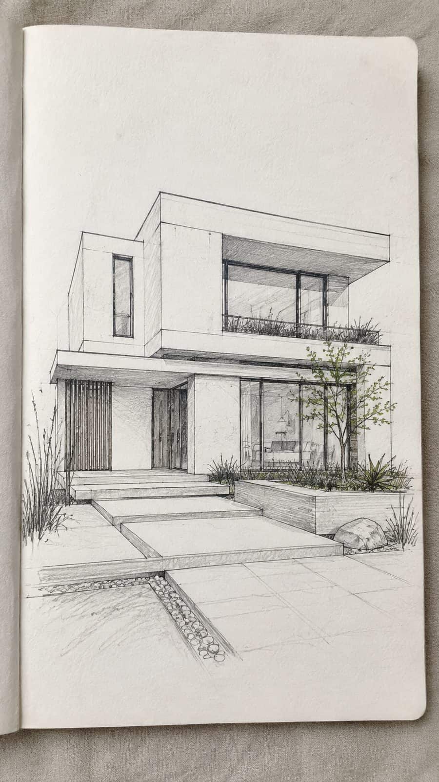 Explore 19 House Drawing Ideas That Blend Imagination with Reality 5 Hand-drawn modern minimalist marvel in mixed-media hand drawing on textured paper, shown in a gentle oblique desk view that shows — study 2