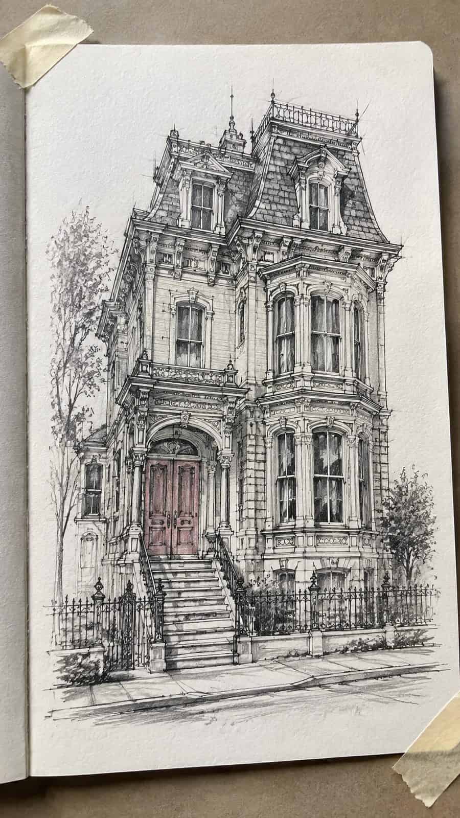 Explore 19 House Drawing Ideas That Blend Imagination with Reality 6 Hand-drawn victorian elegance in mixed-media hand drawing on textured paper, shown in a gentle oblique desk view that shows paper — study 1