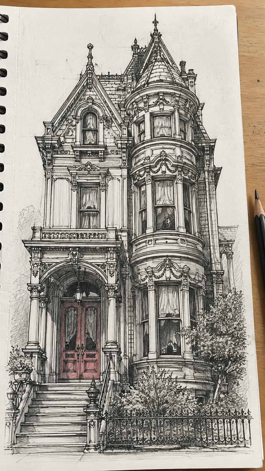 Explore 19 House Drawing Ideas That Blend Imagination with Reality 7 Hand-drawn victorian elegance in mixed-media hand drawing on textured paper, shown in a close overhead crop — study 2