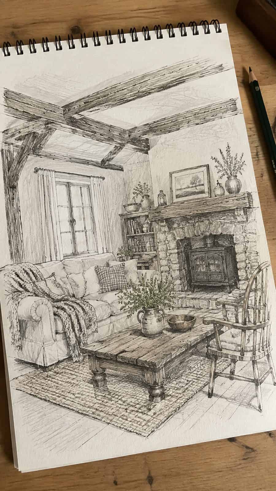 Explore 19 House Drawing Ideas That Blend Imagination with Reality 8 Hand-drawn rustic farmhouse retreat in mixed-media hand drawing on textured paper, shown in a slightly off-center overhead — study 1