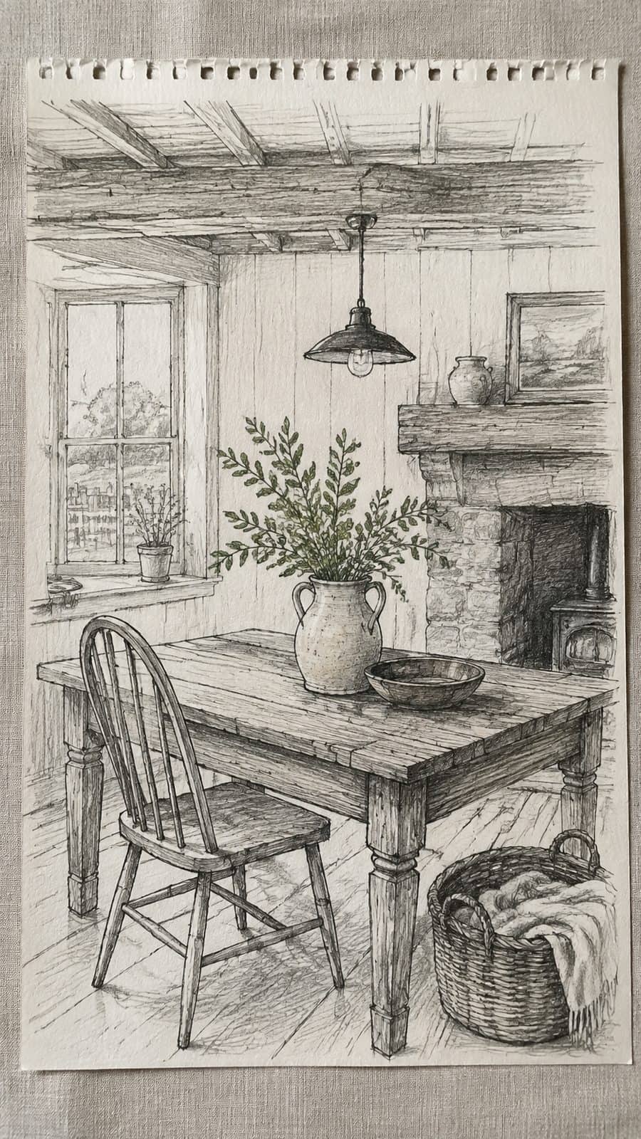 Explore 19 House Drawing Ideas That Blend Imagination with Reality 9 Hand-drawn rustic farmhouse retreat in mixed-media hand drawing on textured paper, shown in a straight overhead view — study 2
