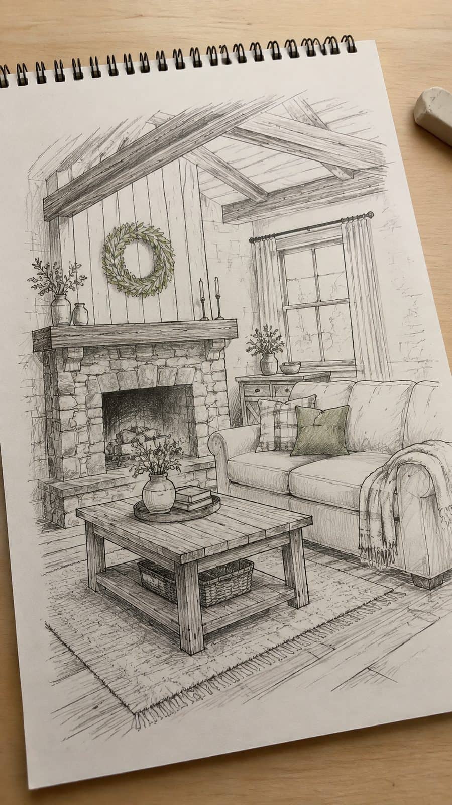Explore 19 House Drawing Ideas That Blend Imagination with Reality 10 Hand-drawn rustic farmhouse retreat in mixed-media hand drawing on textured paper, shown in a gentle oblique desk view that shows — study 3
