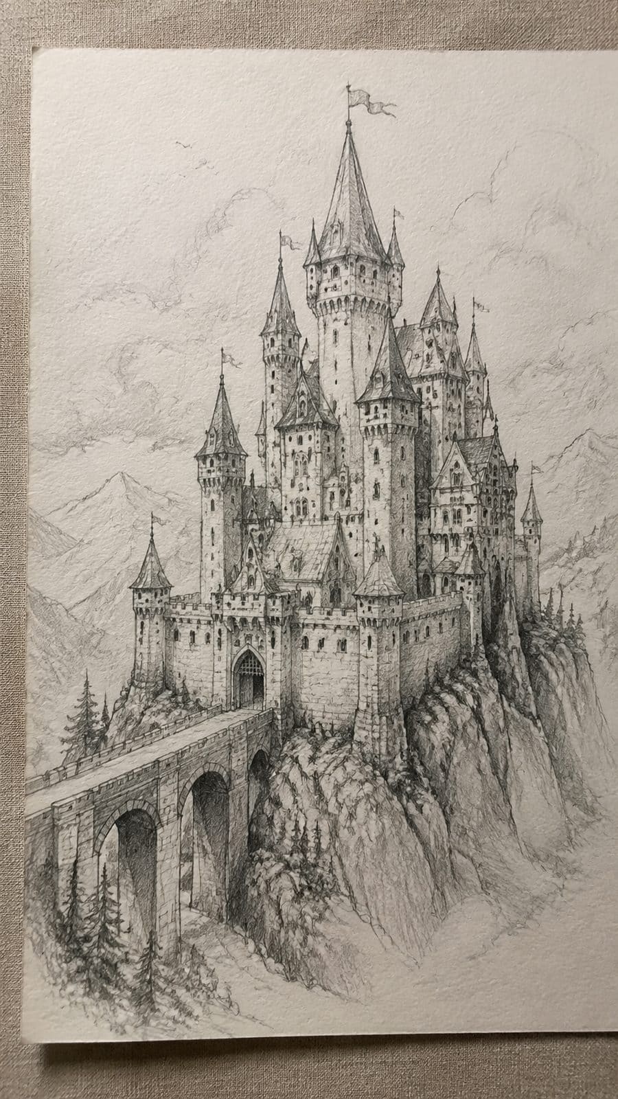 Explore 19 House Drawing Ideas That Blend Imagination with Reality 11 Hand-drawn fantasy castle creation in graphite drawing on textured paper, shown in a close overhead crop — study 1